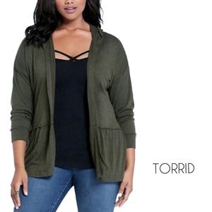 Torrid | Green Draped Peplum Cardigan Sweatshirt